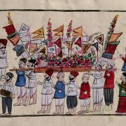 A watercolor painting of a sikh funeral procession. Several men carry a deceased individual, while musicians are depicted playing.