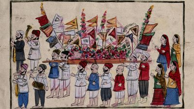 A watercolor painting of a sikh funeral procession. Several men carry a deceased individual, while musicians are depicted playing.