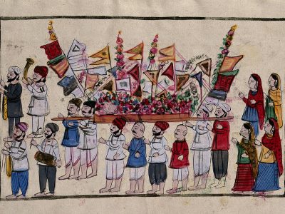 A watercolor painting of a sikh funeral procession. Several men carry a deceased individual, while musicians are depicted playing.