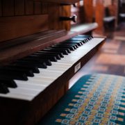Keyboard of a small organ in a church.
