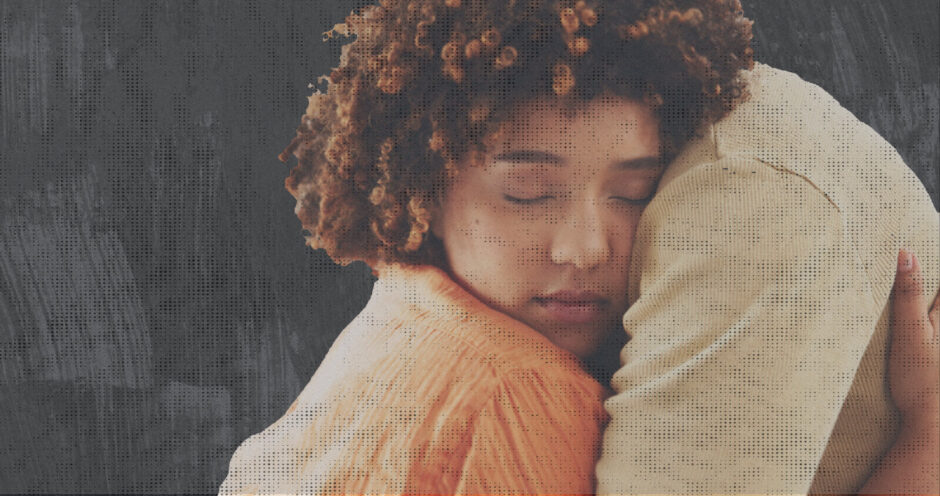 Love, care and support with a couple hugging in the living room